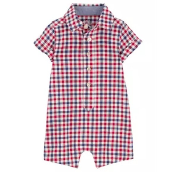 Baby Boys OshKosh B'gosh Check Plaid Romper Patriotic Size 3 6 9 12 months NWT - Picture 1 of 4